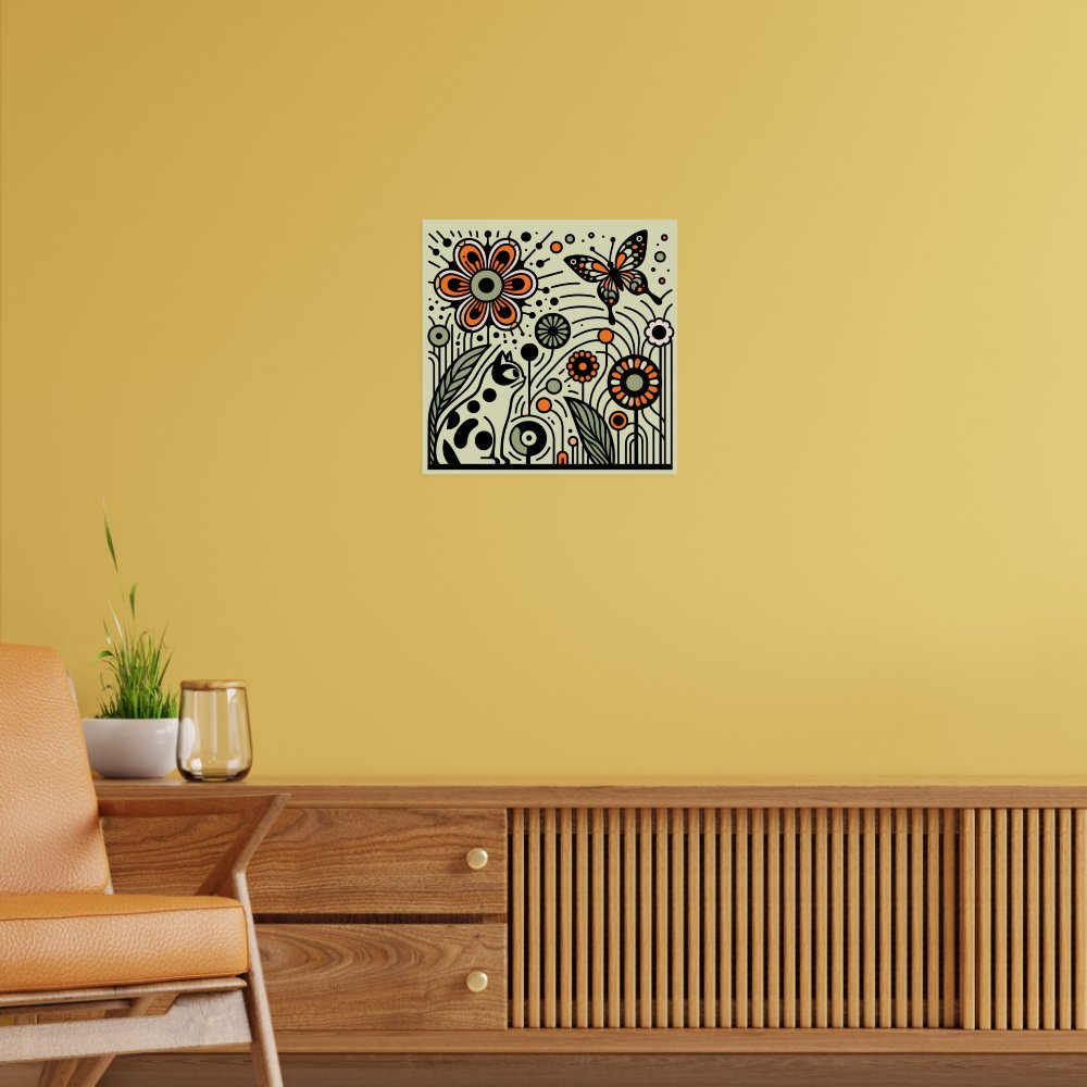 Whimsical Garden Harmony: Cat, Flowers, and Butter Poster