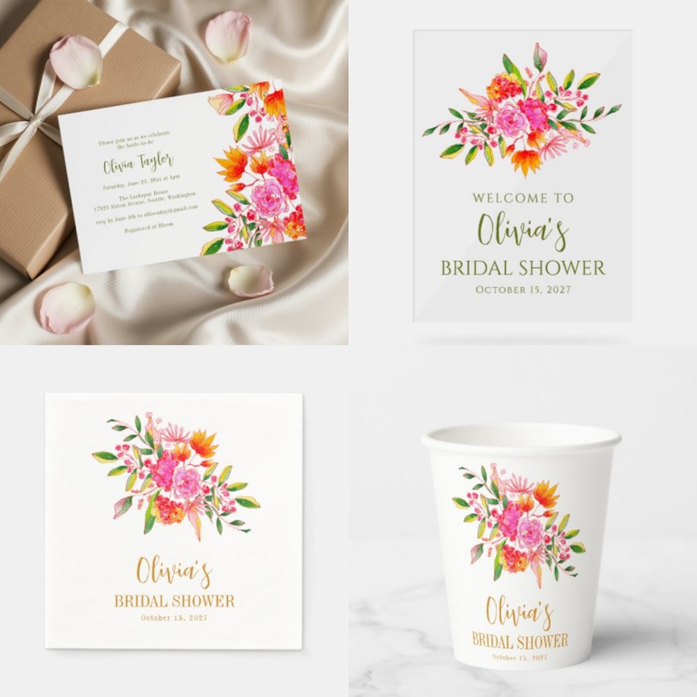 Cute Modern Pink Orange Flowers Shower Recipe Card