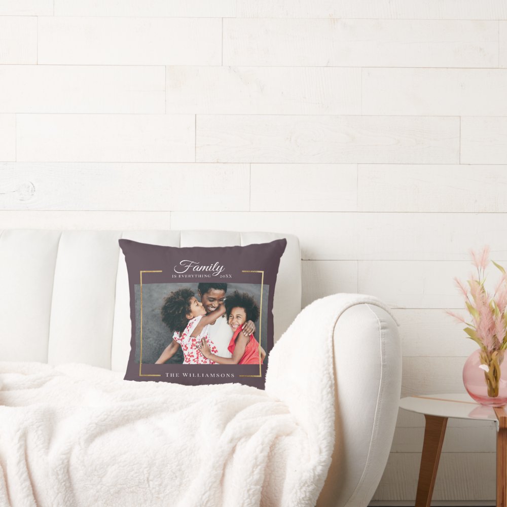 Modern Frame |  Family is EVERYTHING Photo Gold Throw Pillow