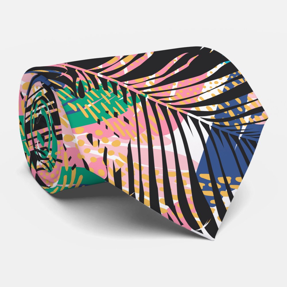 Black Pink Green White Tropical Plants Neck Tie