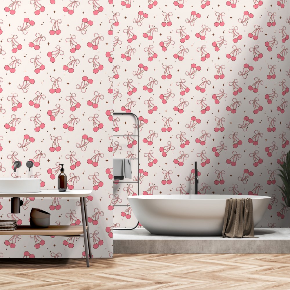 Pink Coquette Cherry Bow Pattern Wallpaper