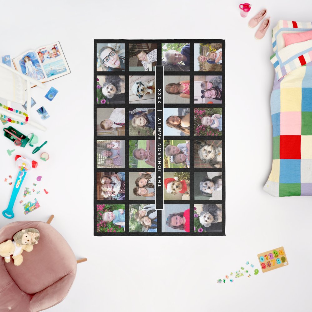 Custom 24 Photo Collage - Black - simple text Rug