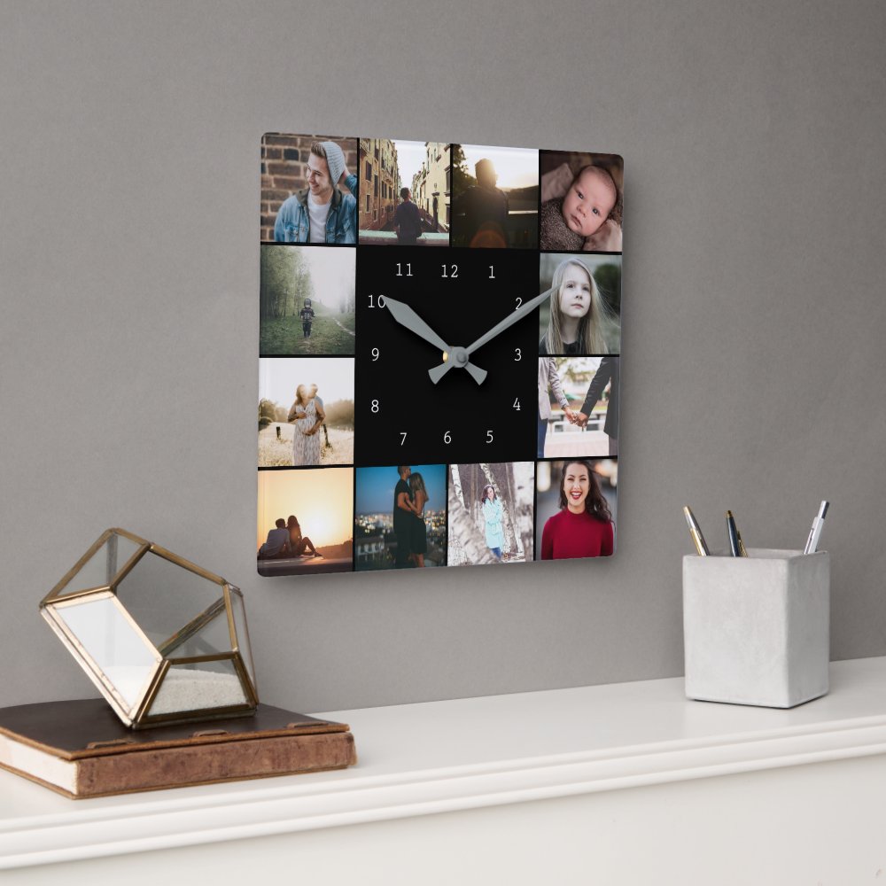 DIY Personalized 12 Photo Collage Template Square Wall Clock