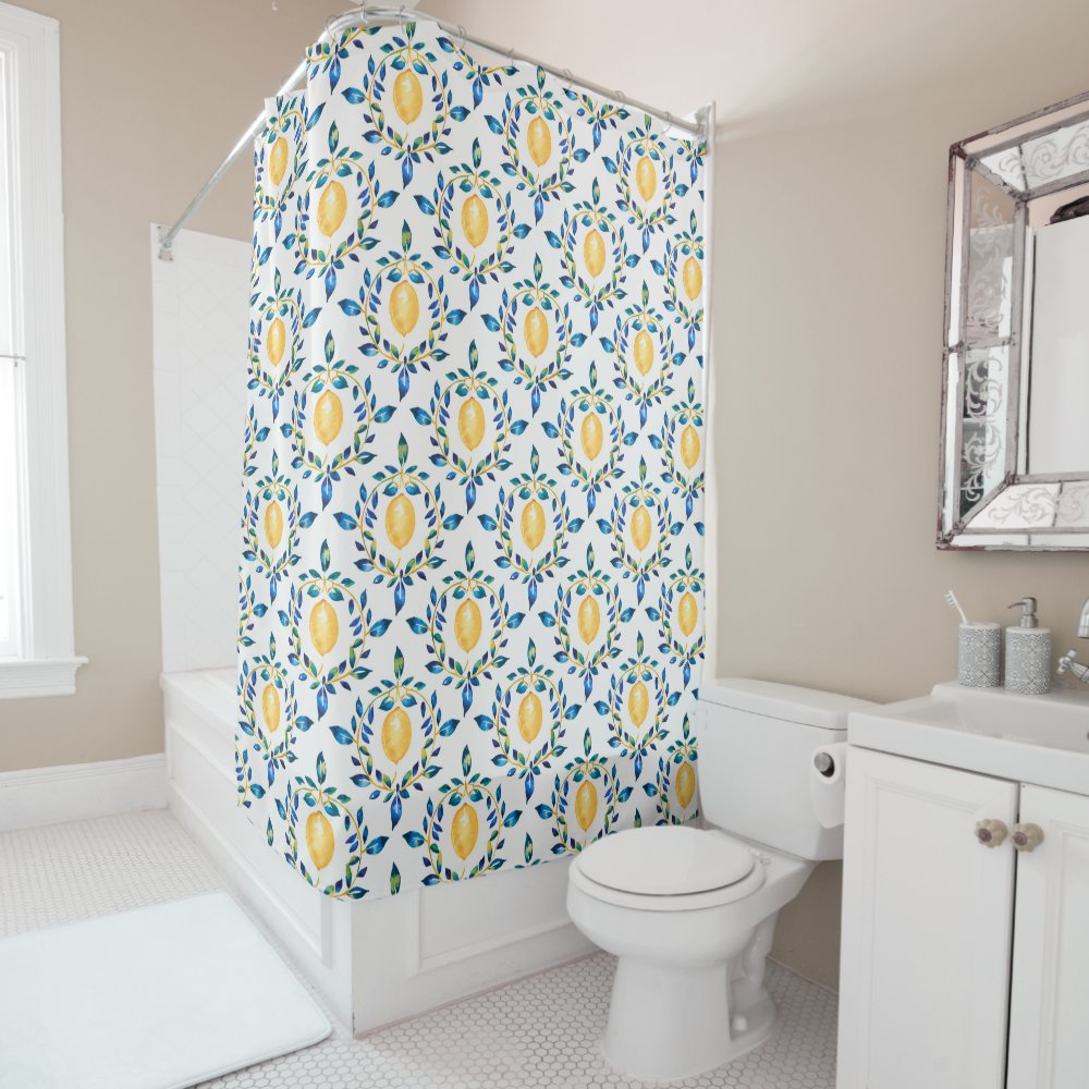 Mediterranean Blue and Yellow Lemon Botanical Shower Curtain