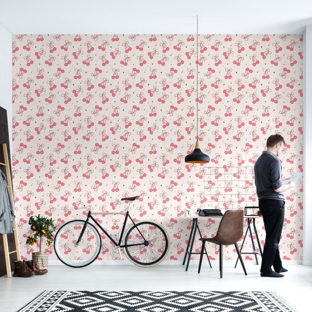 Pink Coquette Cherry Bow Pattern Wallpaper