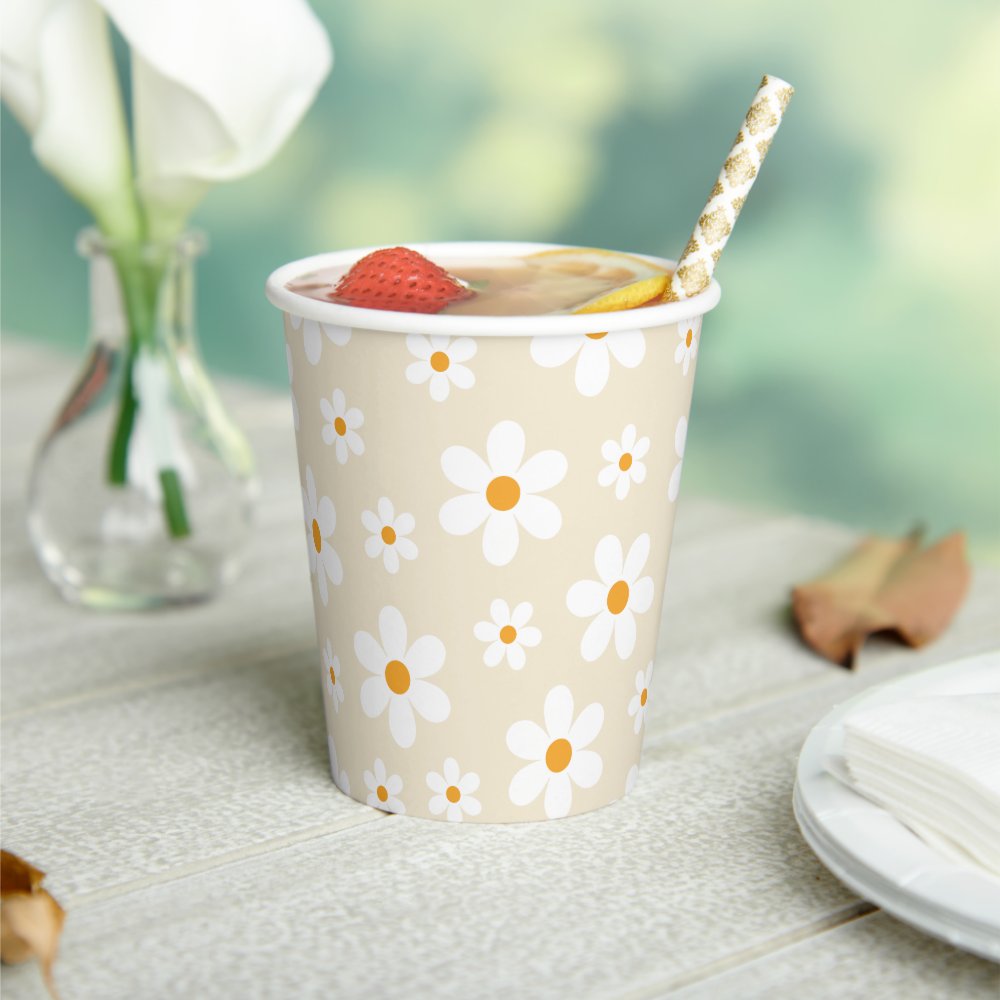 Retro Groovy Daisy Tan Birthday Paper Cups