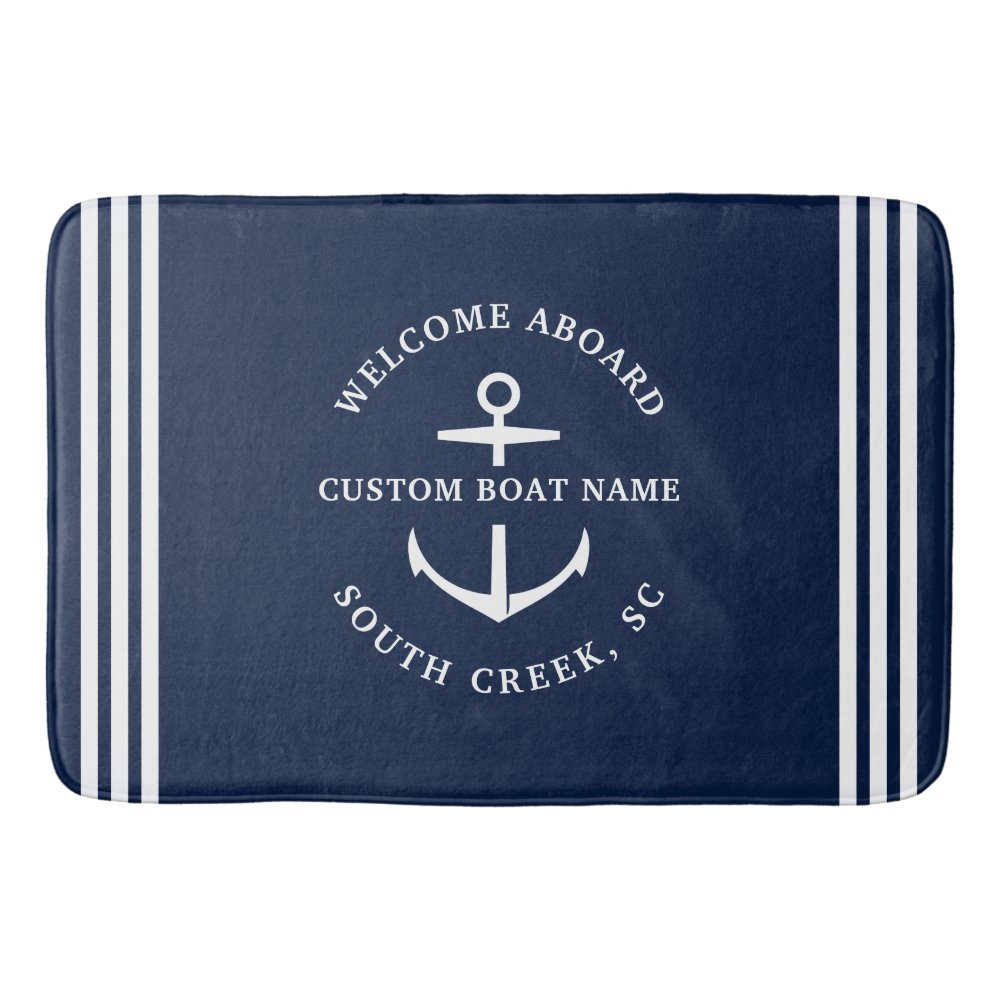 Modern Custom Boat Name Welcome Aboard Nautical Bath Mat