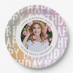 Modern pastel rainbow pink photo birthday party paper plates