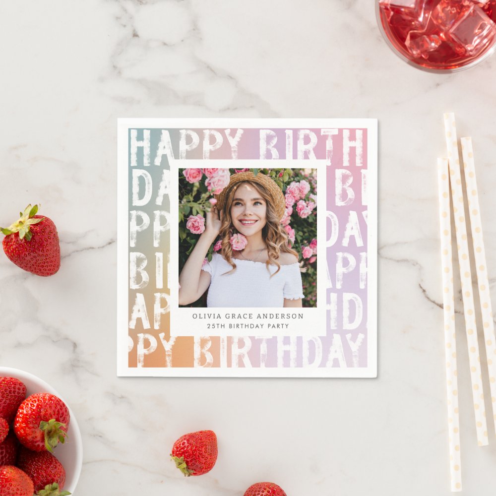 Modern pastel rainbow pink photo birthday party napkins