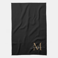 Elegant Stylish Black Gold Monogram Script Name Kitchen Towel