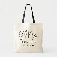 Modern Mrs Calligraphy Monogram Wedding Date Tote Bag