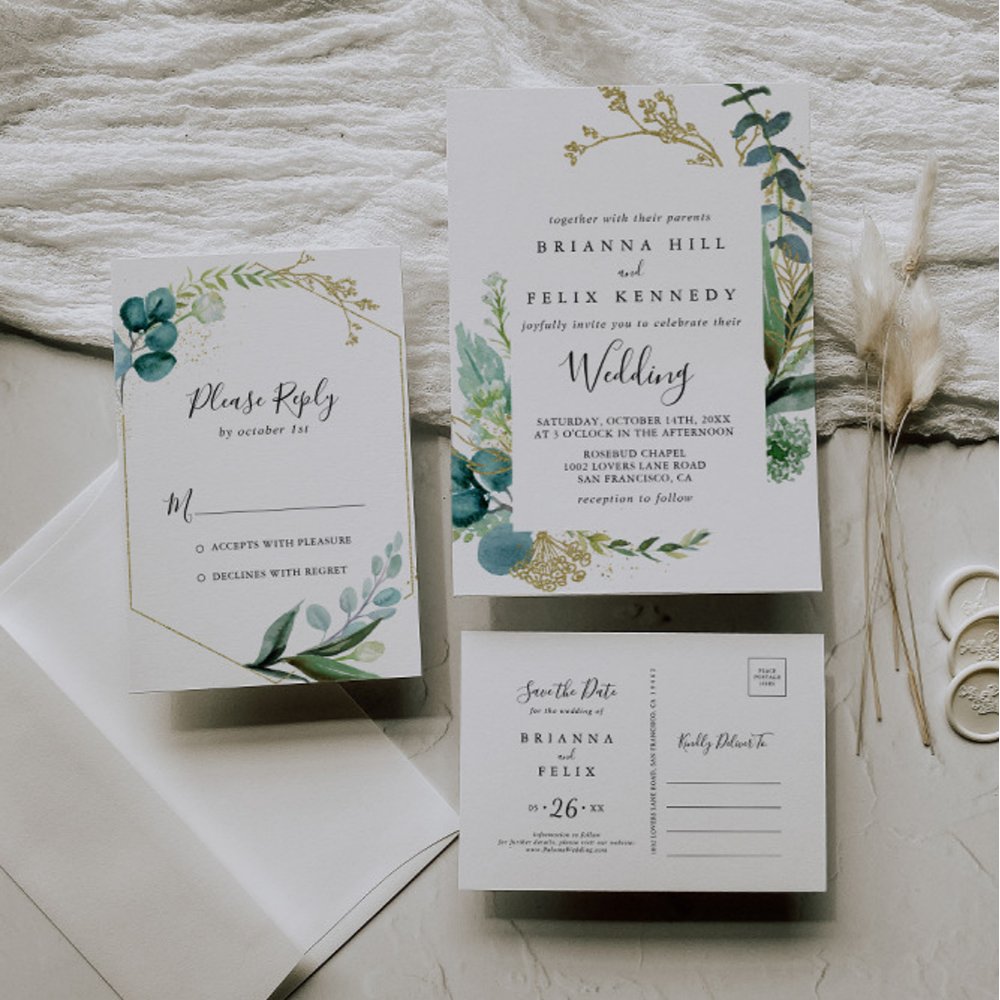 Gold Floral Tropical Greenery Wedding Place Card