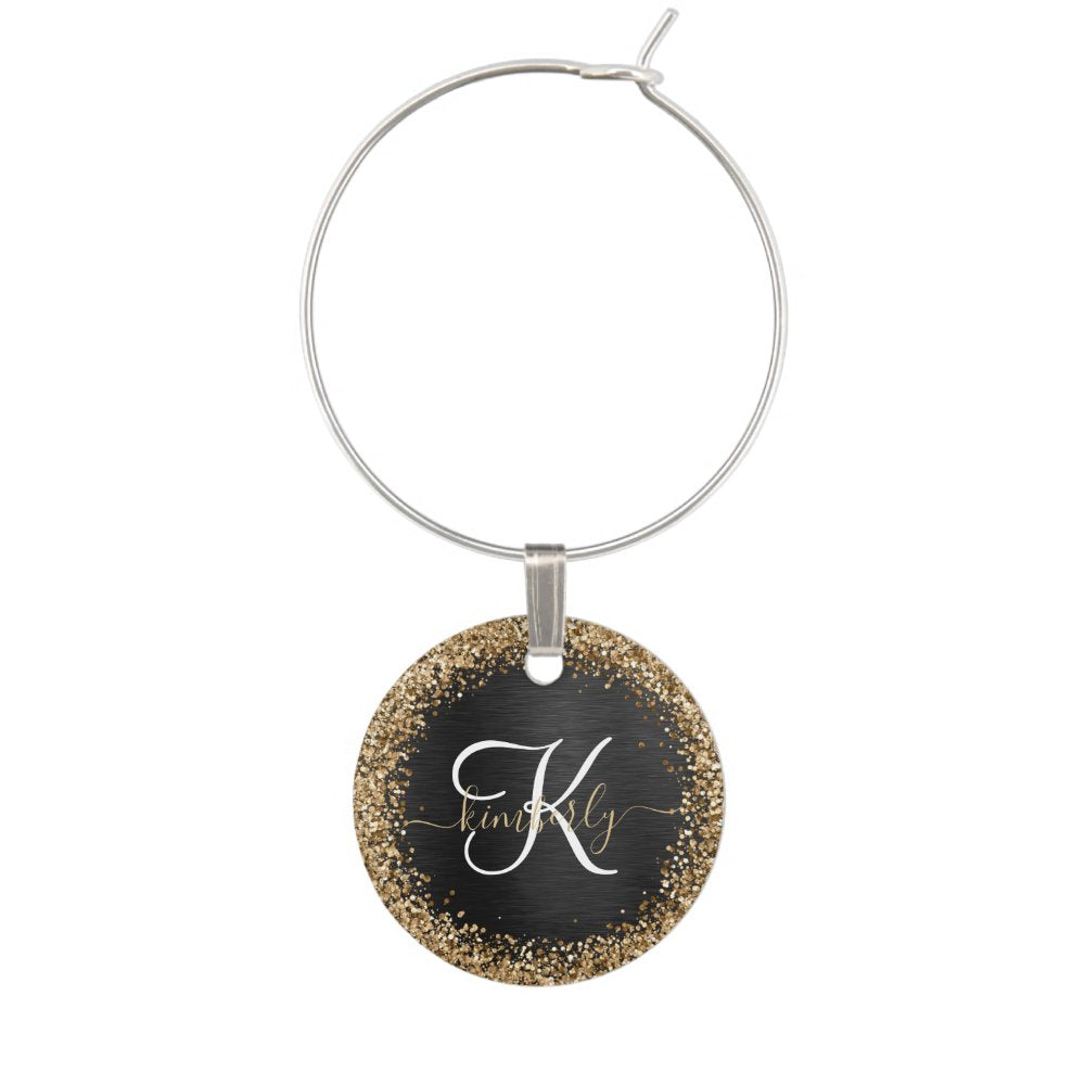 Custom Gold Glitter Black Sparkle Monogram Wine Charm