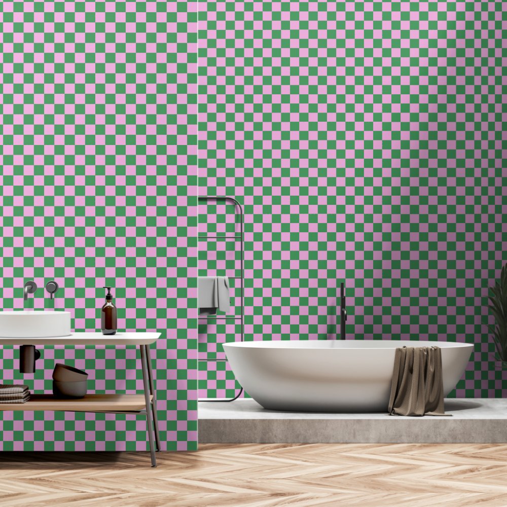 Preppy Retro Pink and Green Geometric Checkerboard Wallpaper