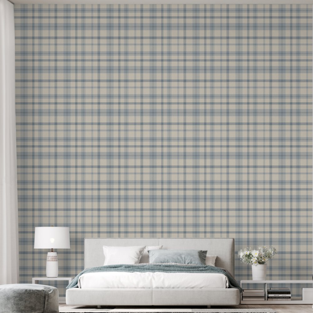 Masculine Muted Blue Plaid w/ Linen Texture Wallpaper