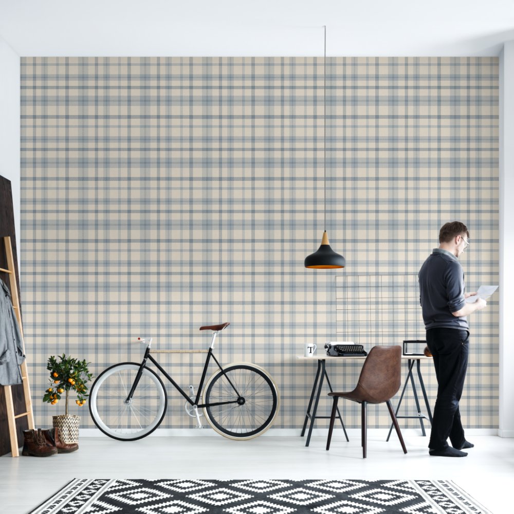 Masculine Muted Blue Plaid w/ Linen Texture Wallpaper