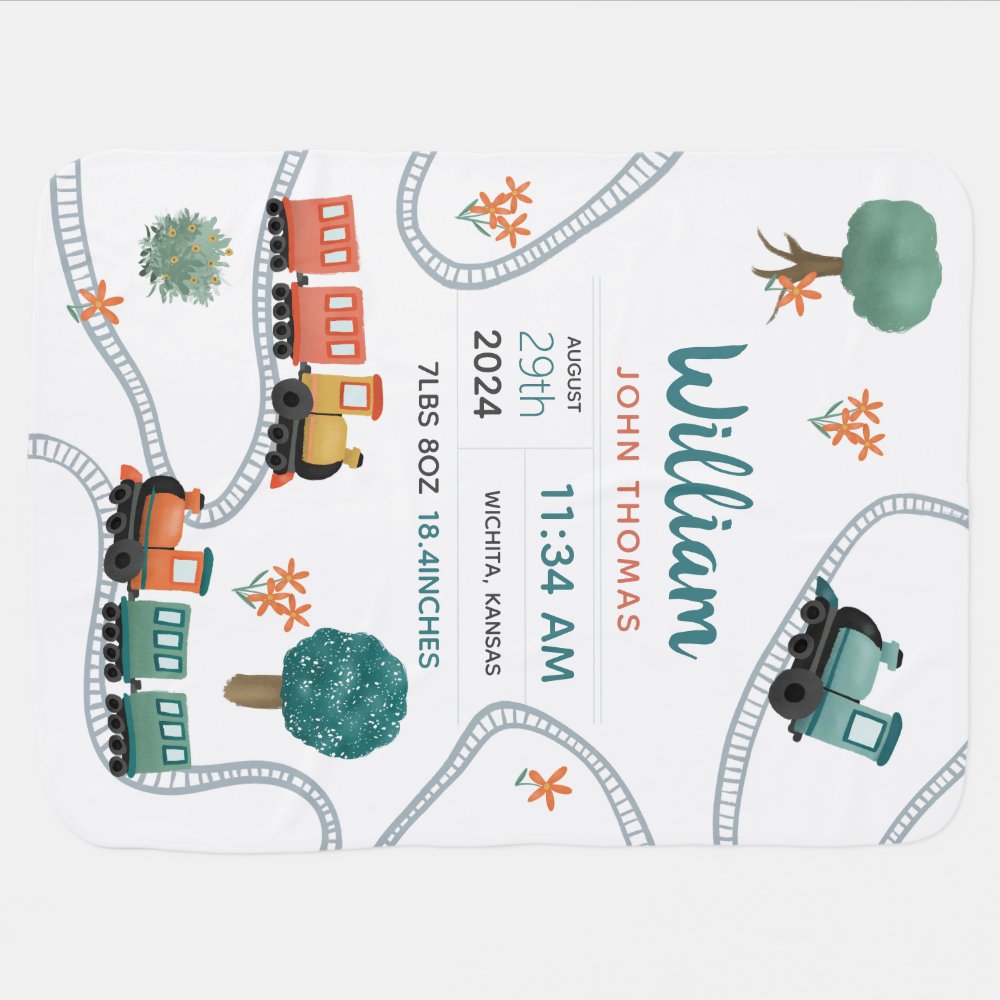 Boys Cute Train Travel Keepsake Birth Stats Baby Blanket