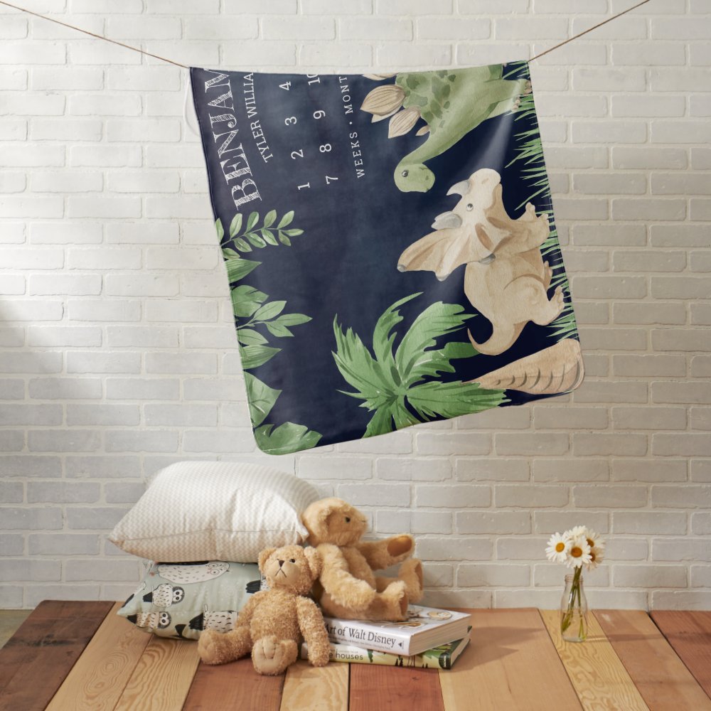 Rustic Jungle Cute Baby Dinosaurs Navy Milestone Blanket