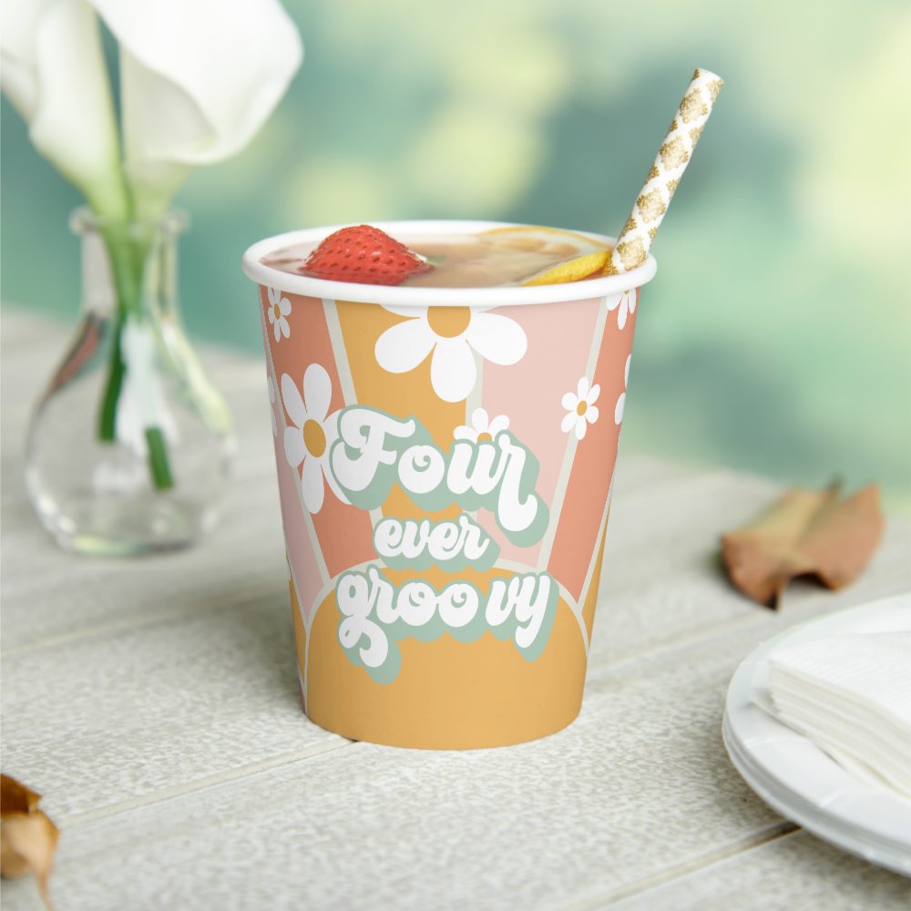Four Every Groovy Retro Sunshine Daisy Birthday Paper Cups