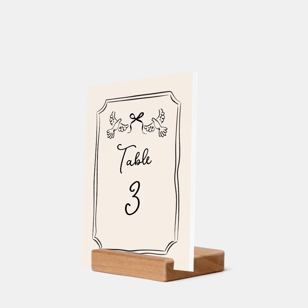 Minimal Hand-Drawn Doves Wedding Table Number Card Holder