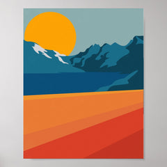 Retro Mountain Landscape Illustration Red Blue Poster