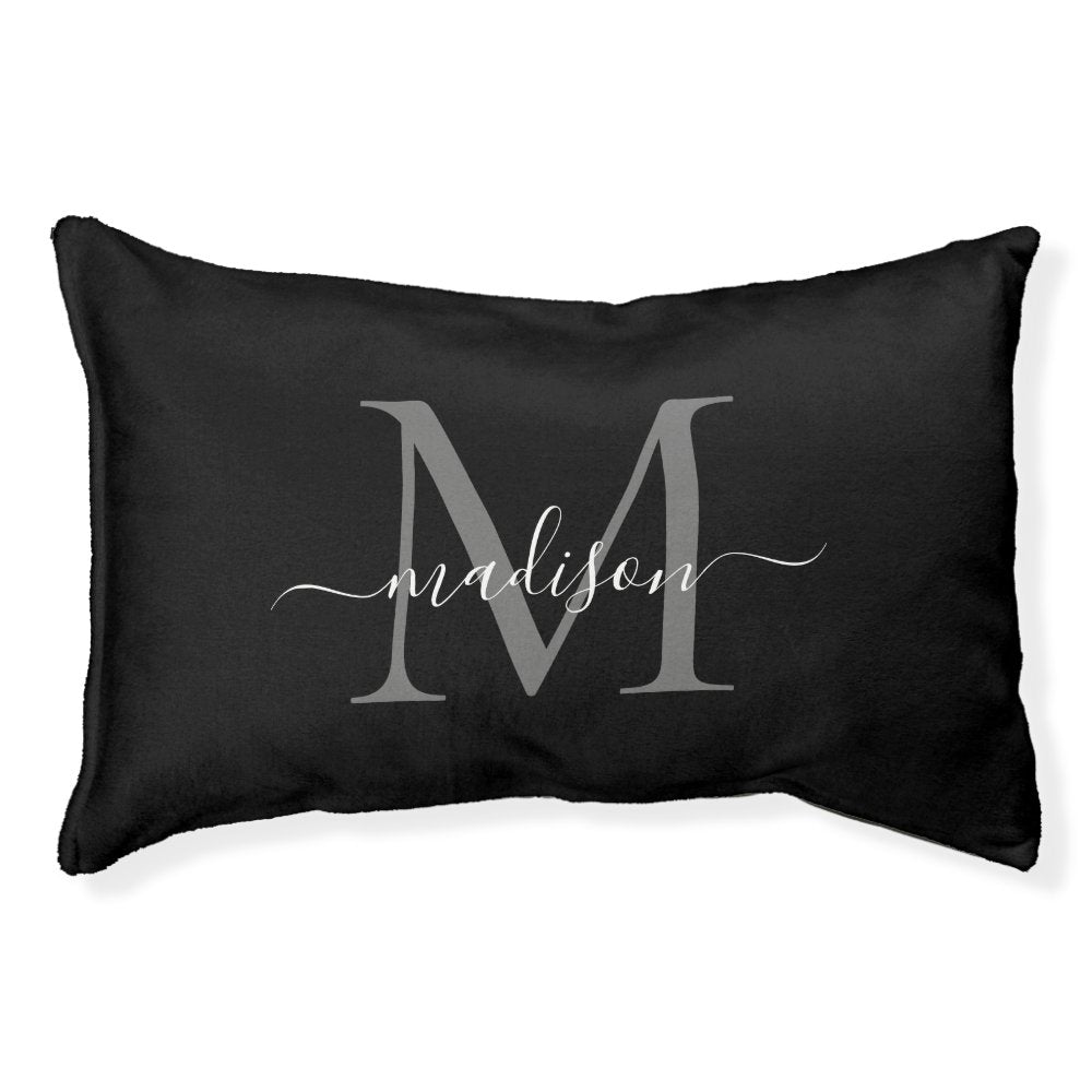 Elegant Monogram Black Gray Feminine Girly Script  Pet Bed
