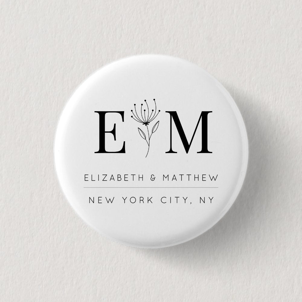 Wedding Elegant Chic Modern Monogram Foliage Button