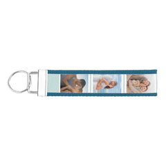 Personalized 6 Photo Collage Misty Blue Stripe Wrist Keychain