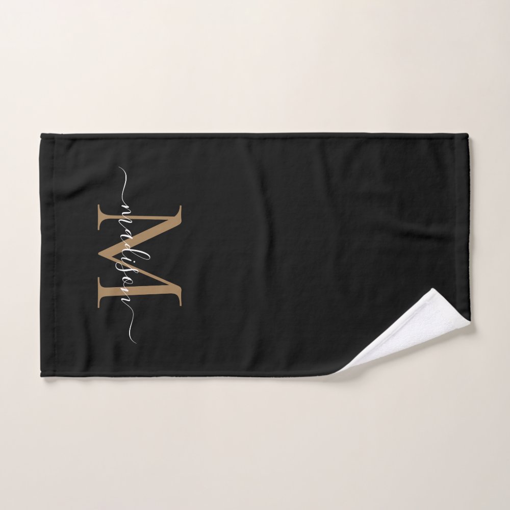 Elegant Simple Black Gold Monogram Script Name Hand Towel