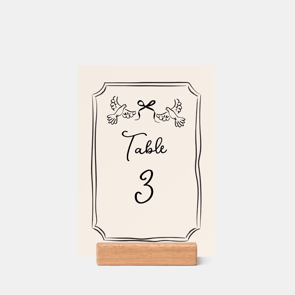 Minimal Hand-Drawn Doves Wedding Table Number Card Holder