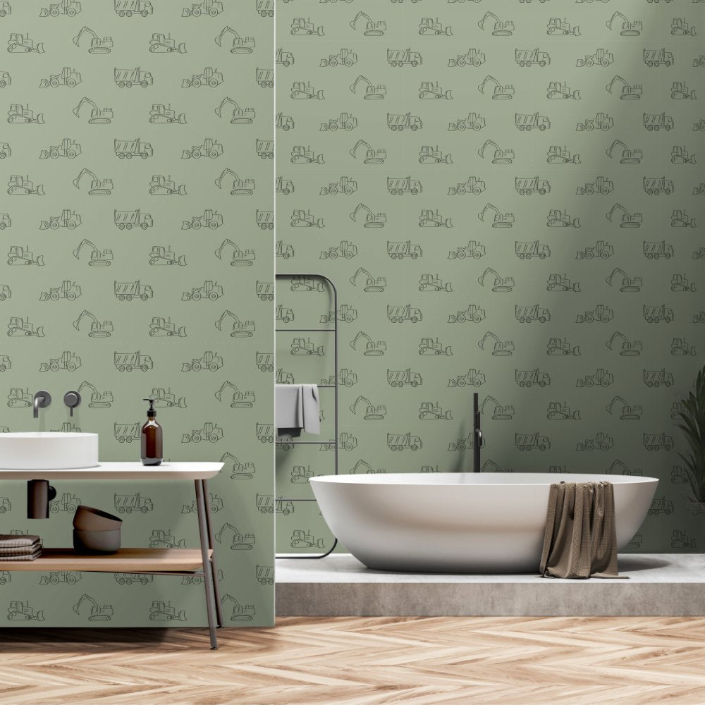 Construction Vehicles Builder Boy Truck Sage Green Wallpaper