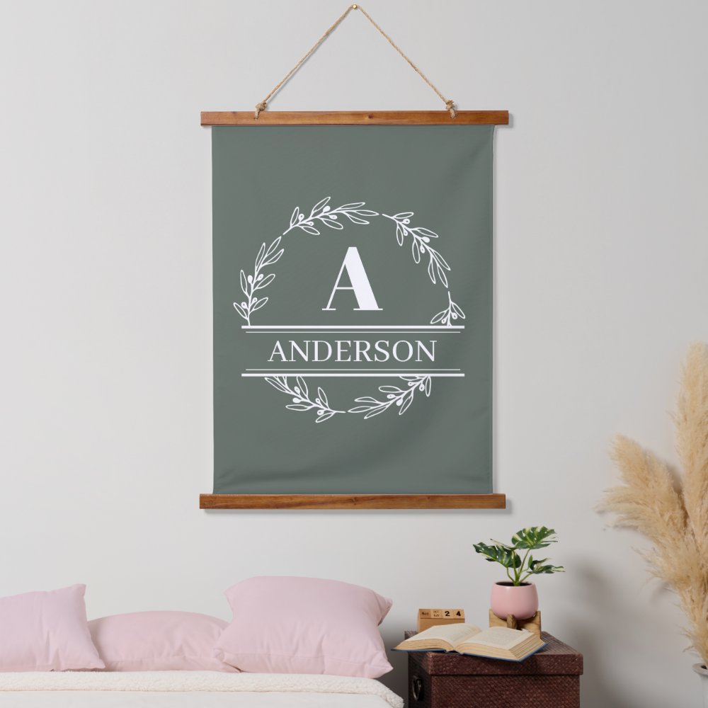 Sage Green Personalized Family Monogram Wall  Hanging Tapestry