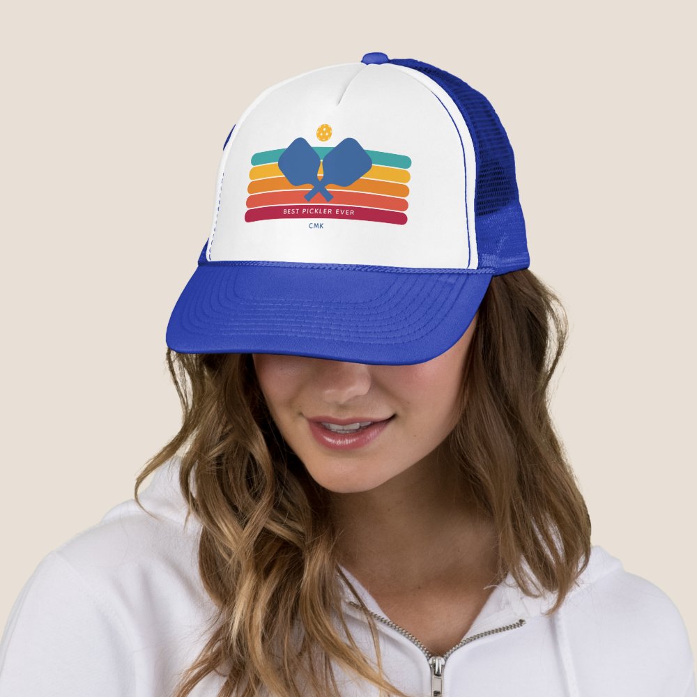 Cool Retro Stripes Custom Text Pickleball Player Trucker Hat