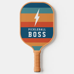 Pickleball Boss Lightning Bolt Retro Stripes Name  Paddle