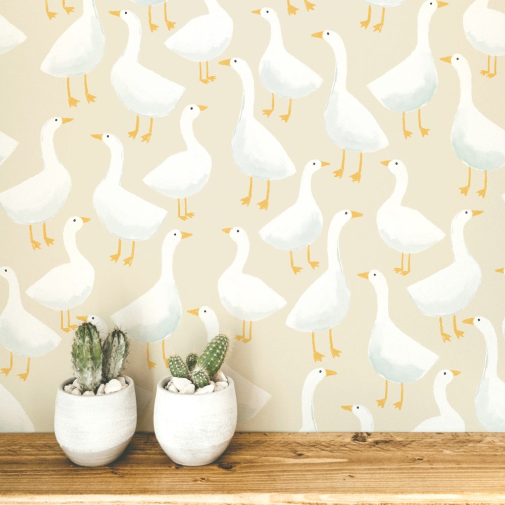 Whimsical Goose Pattern Soft Neutral Style Wallpaper