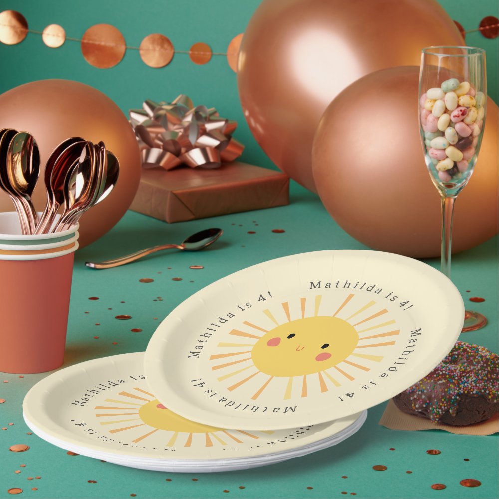 Cute yellow sunshine illustration birthday party paper plates