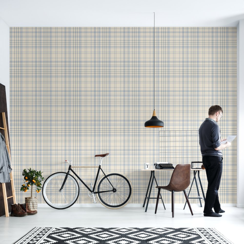 Classic Soft Blue & Beige Plaid Wallpaper