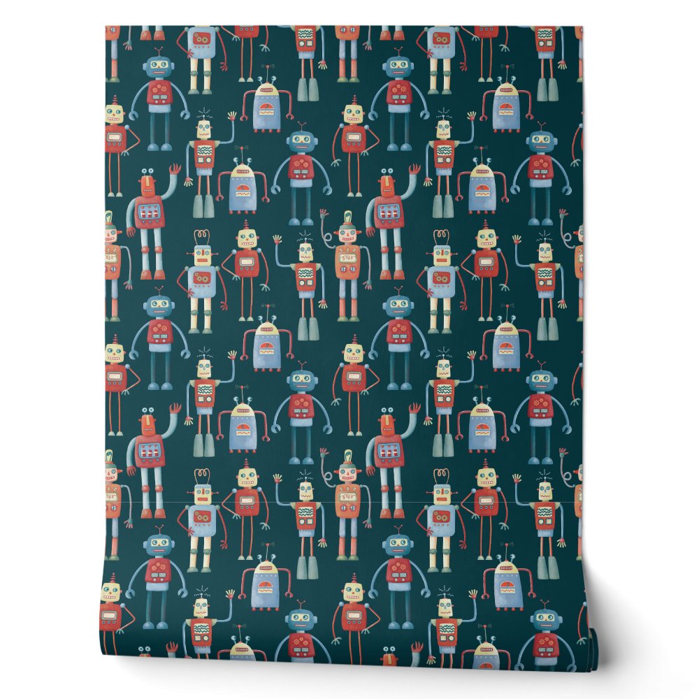 Fun Robot Pattern Teal Green Wallpaper