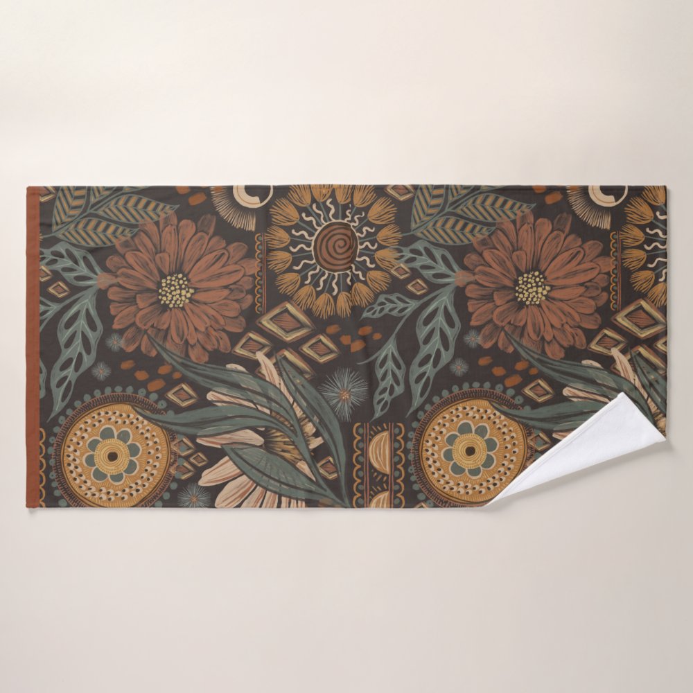 Dark Boho Terracotta Sage Botanical Pattern Bath Towel Set