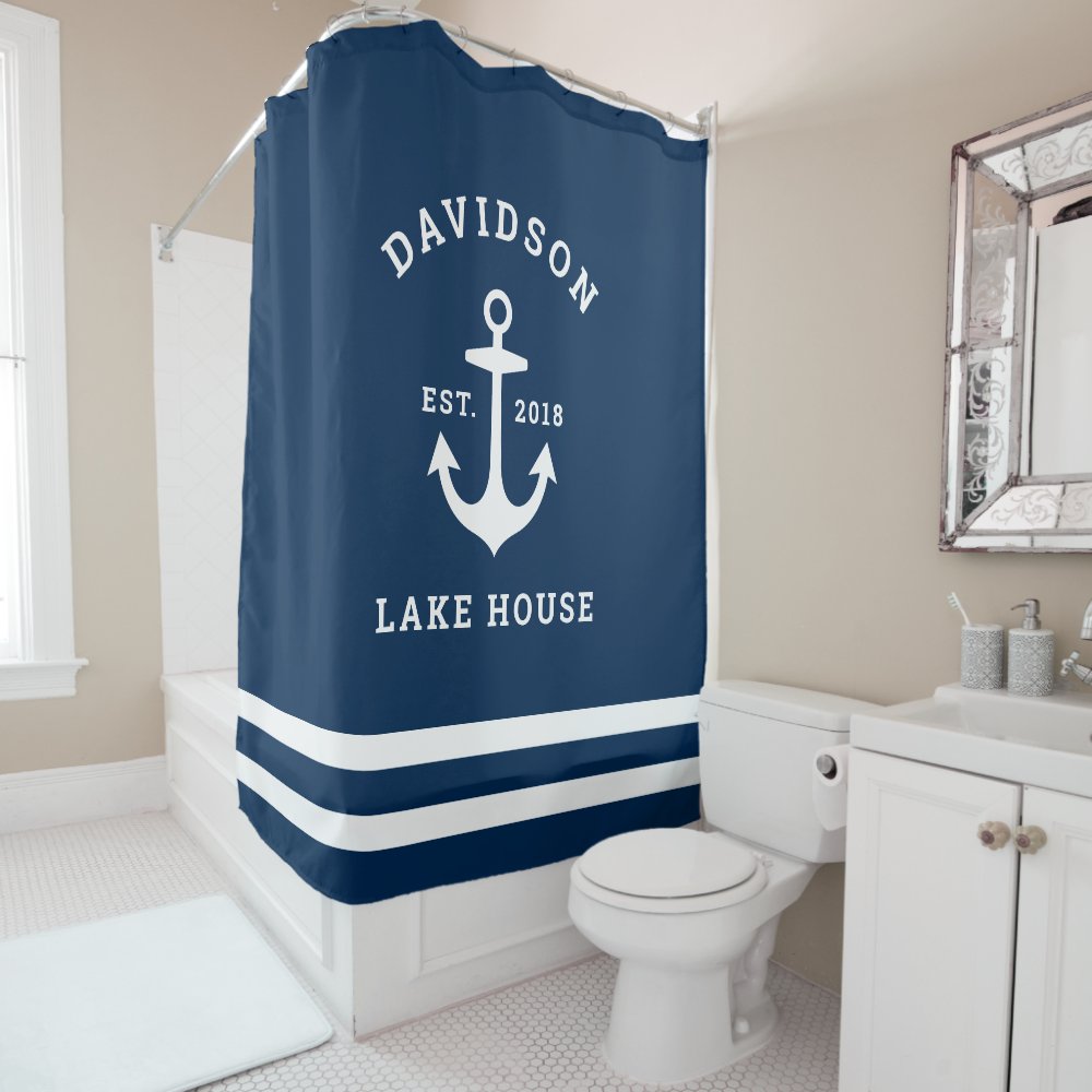 Nautical Navy Lake House Anchor Family Shower Curtain