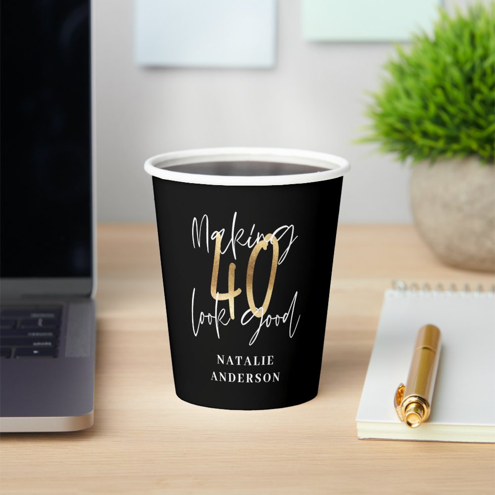 modern black and gold 40th birthday party  paper cups