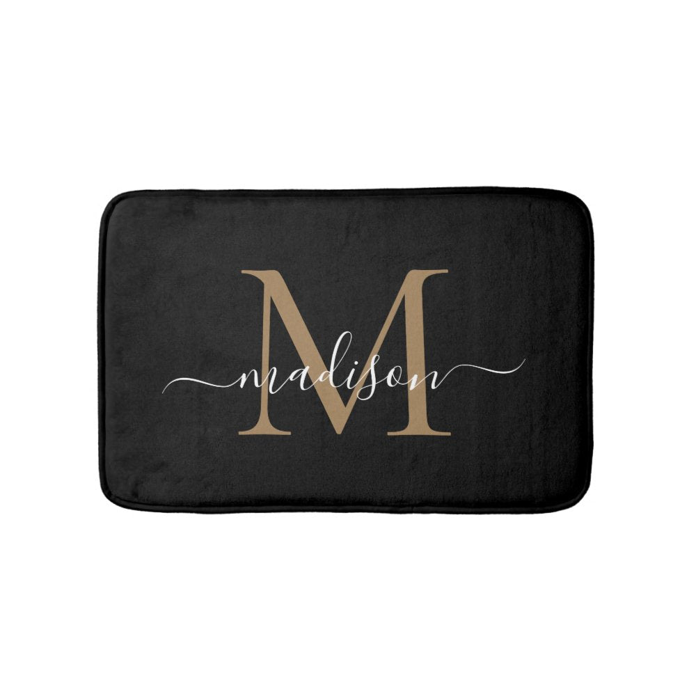 Modern Black Gold White Monogram Script Elegant Bath Mat