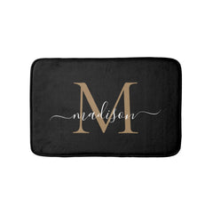 Modern Black Gold White Monogram Script Elegant Bath Mat