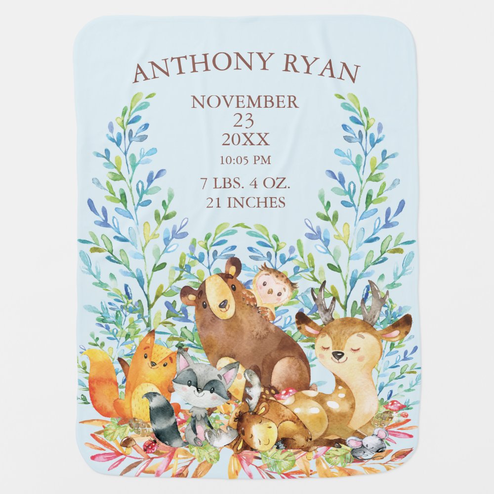 Woodland Animals Baby Boys Birth Stats Blanket