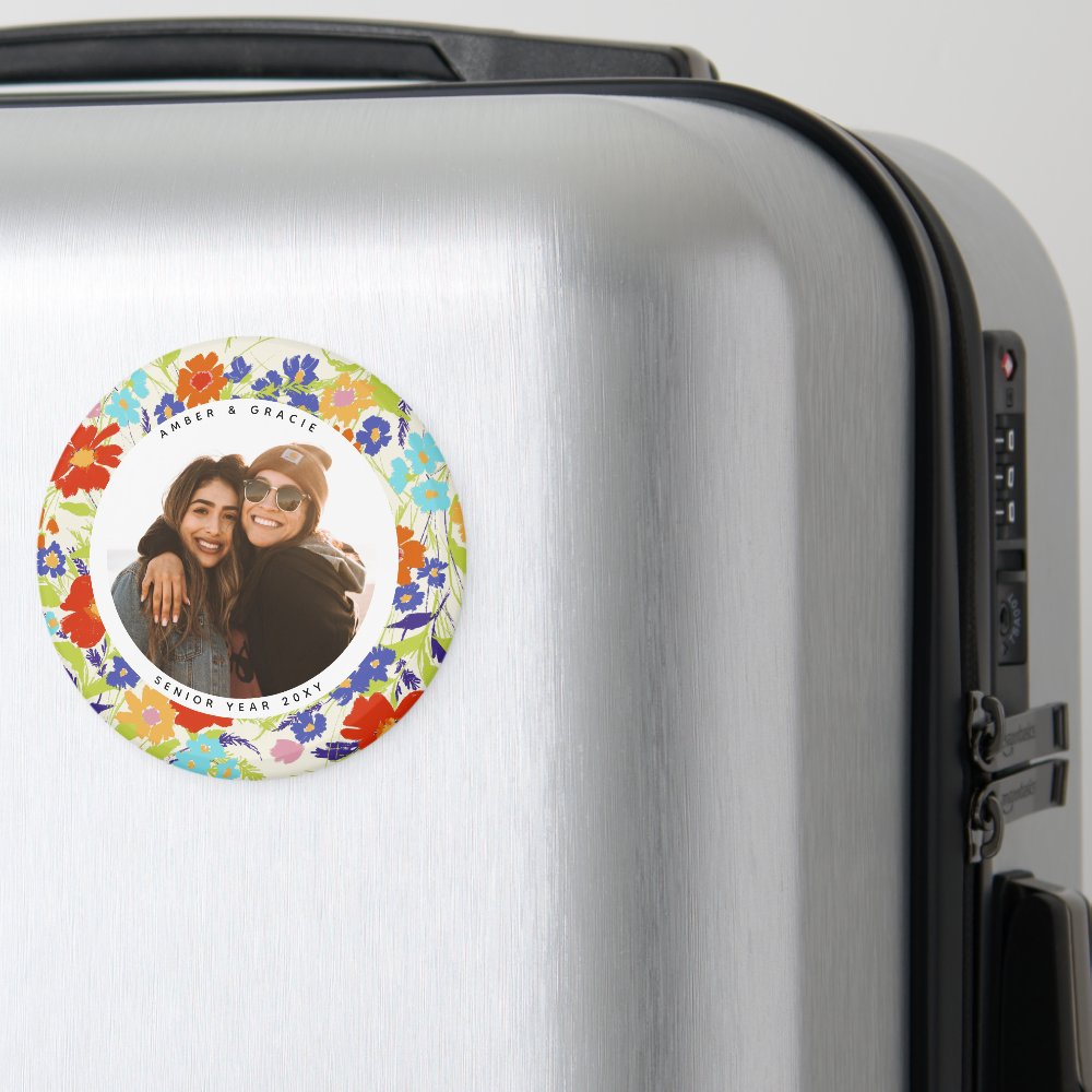 Round Photo Pretty Wildflower Frame with Text Magnet
