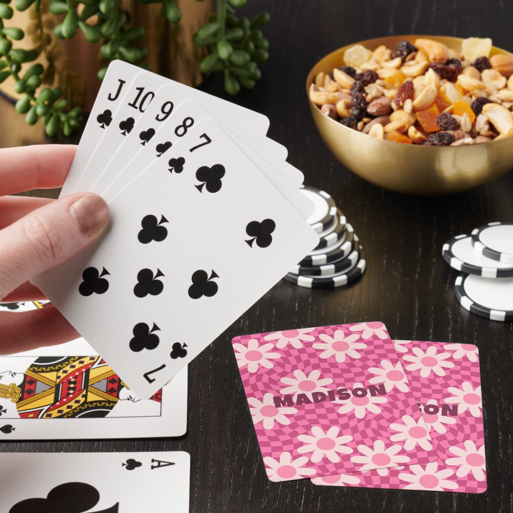 Hippie Groovy Pink Daisy Personalized Name Gift Poker Cards