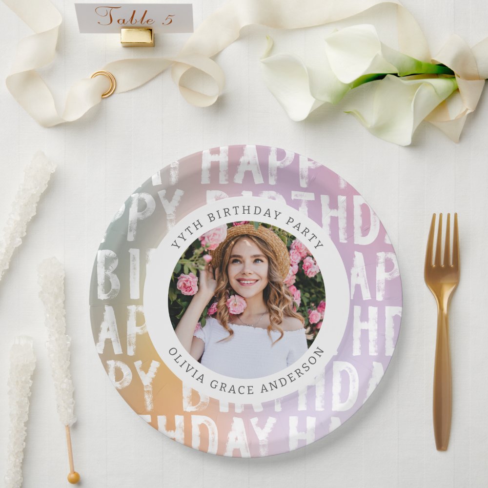 Modern pastel rainbow pink photo birthday party paper plates