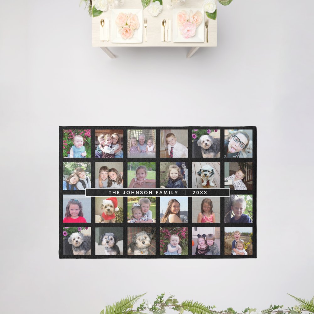 Custom 24 Photo Collage - Black - simple text Rug