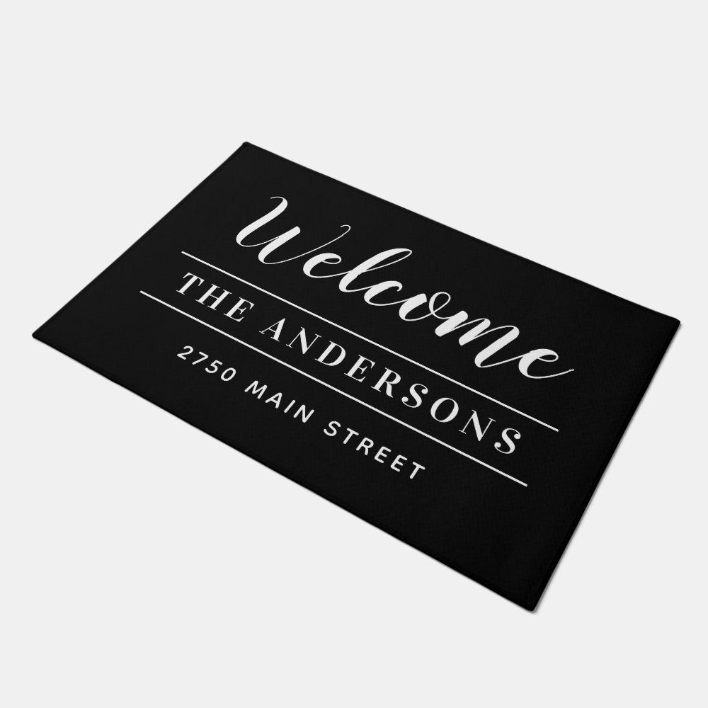 Welcome Black Family Name and Address Doormat