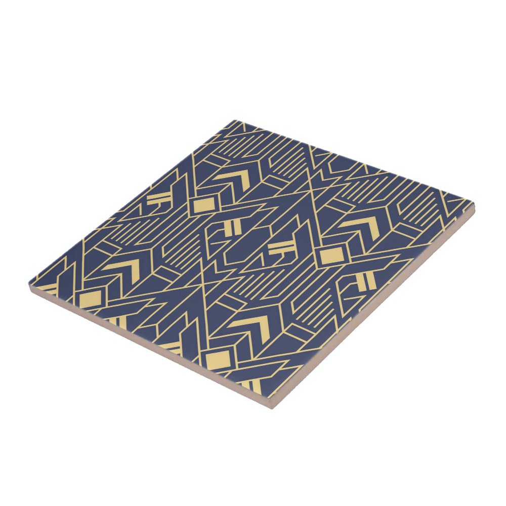 Navy Blue Gold Art Deco Geometric Pattern Ceramic Tile